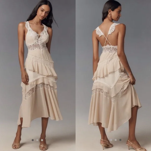 By Anthropologie Sleeveless Keyhole Tiered Lace MIDI dress